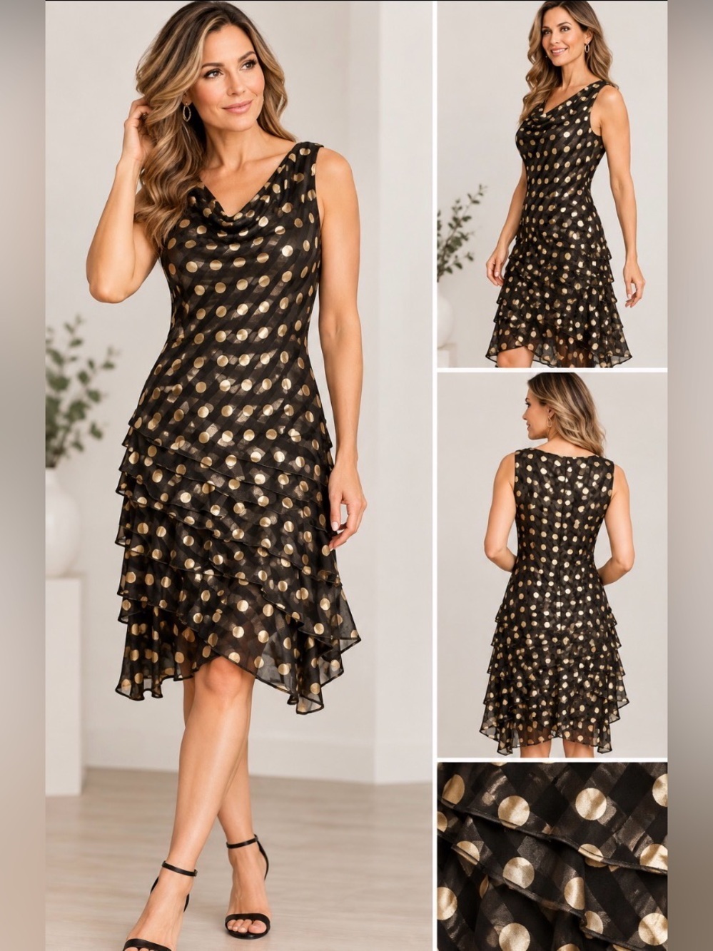 Joseph Ribkoff Sleeveless Dress with Gold Polka Dots